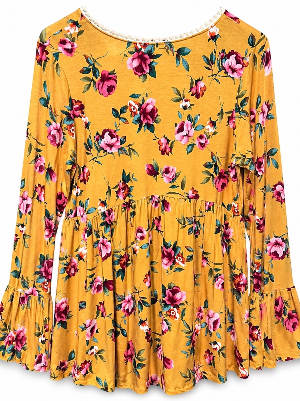 Lovely Melody Mustard Floral Babydoll Top XL Boho Peplum Bell Sleeve Rayon Blend - Picture 3 of 6